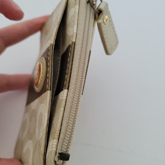 COACH Skinny Key Ring Card Case Small Wallet Gold Beige Leather Zip Signature - Picture 7 of 7